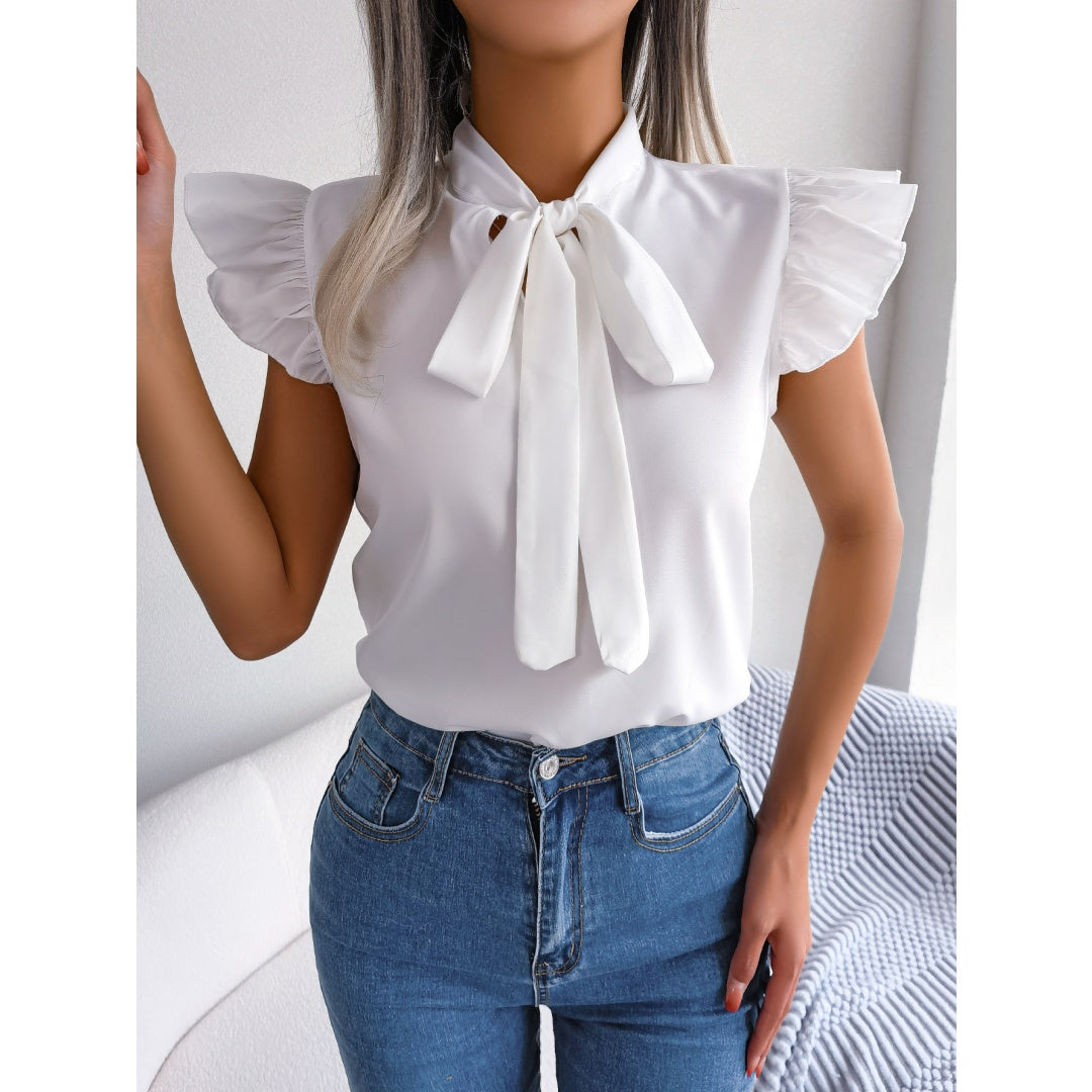 Women Elegant Commute Ruffle Trim Tie Bow Chiffon Top