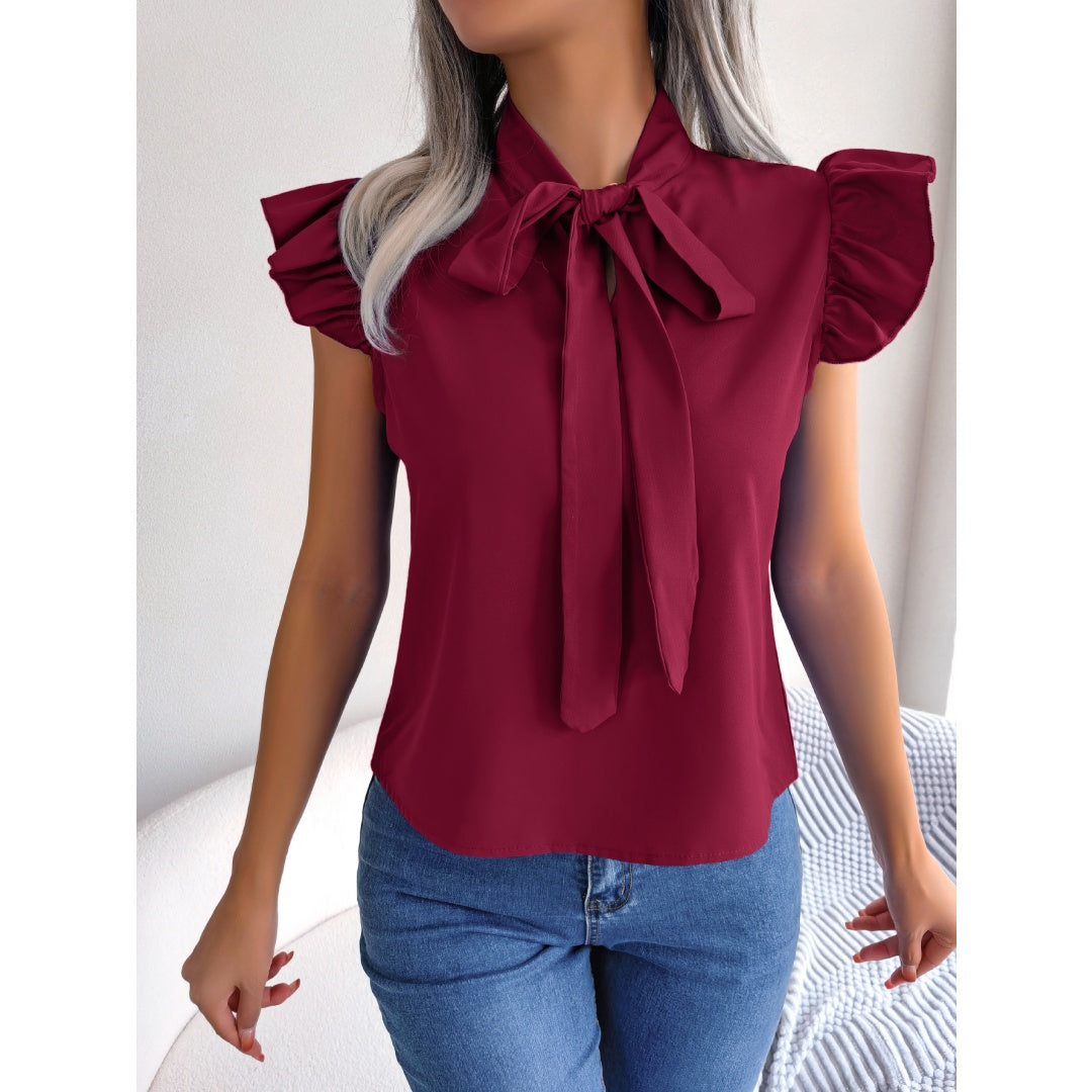 Women  Elegant Commute Ruffle Trim Tie Bow Chiffon Top