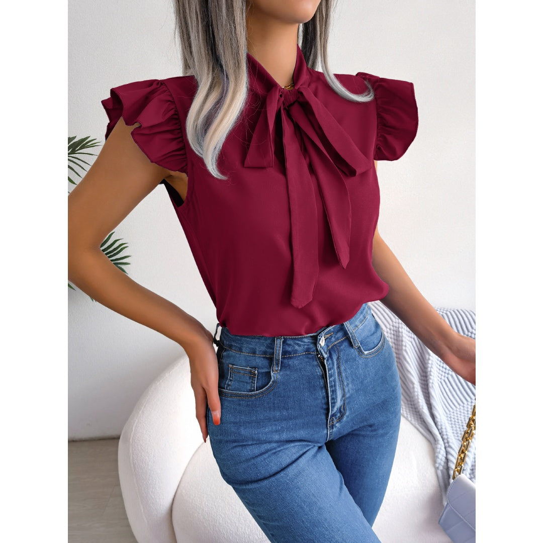 Women  Elegant Commute Ruffle Trim Tie Bow Chiffon Top