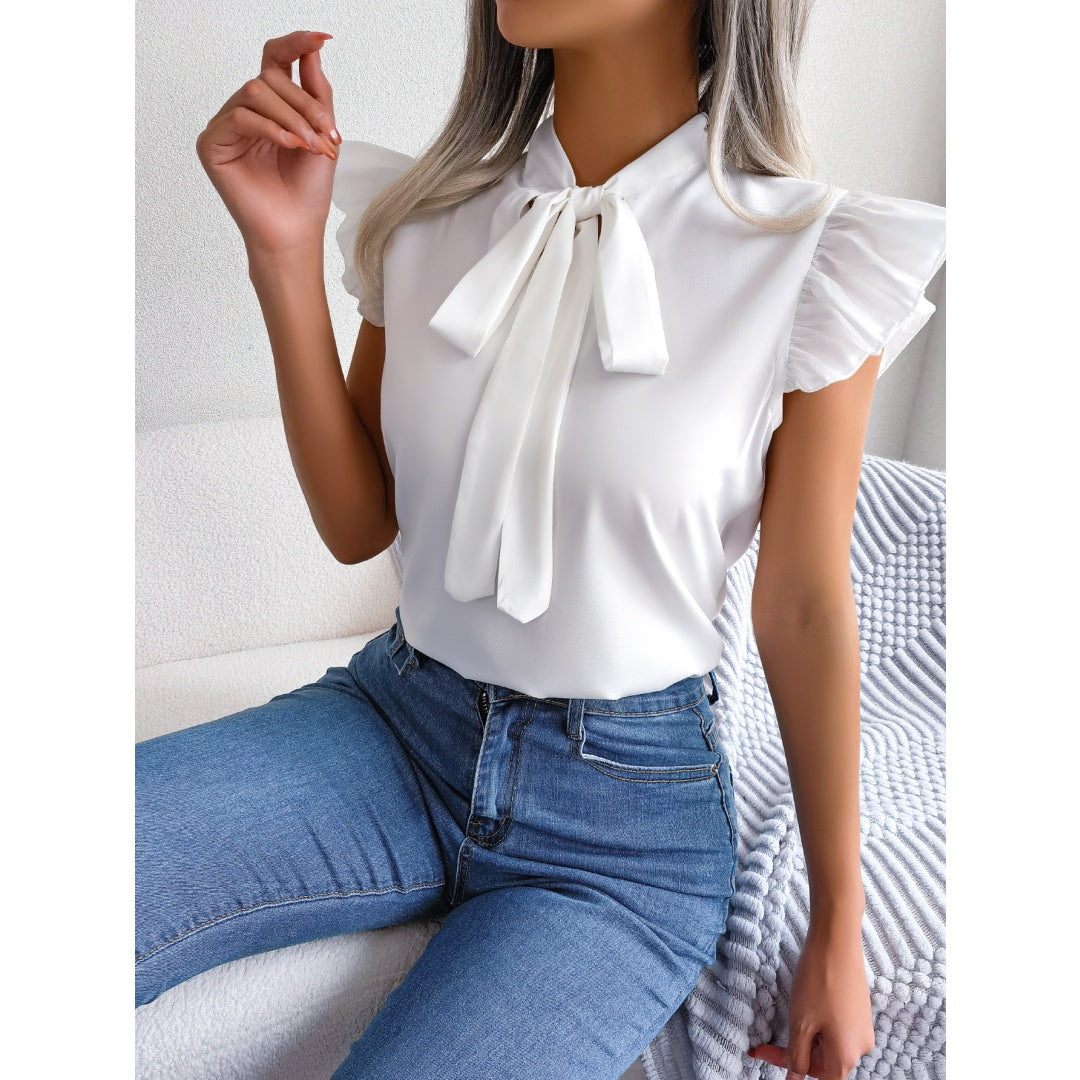 Women  Elegant Commute Ruffle Trim Tie Bow Chiffon Top